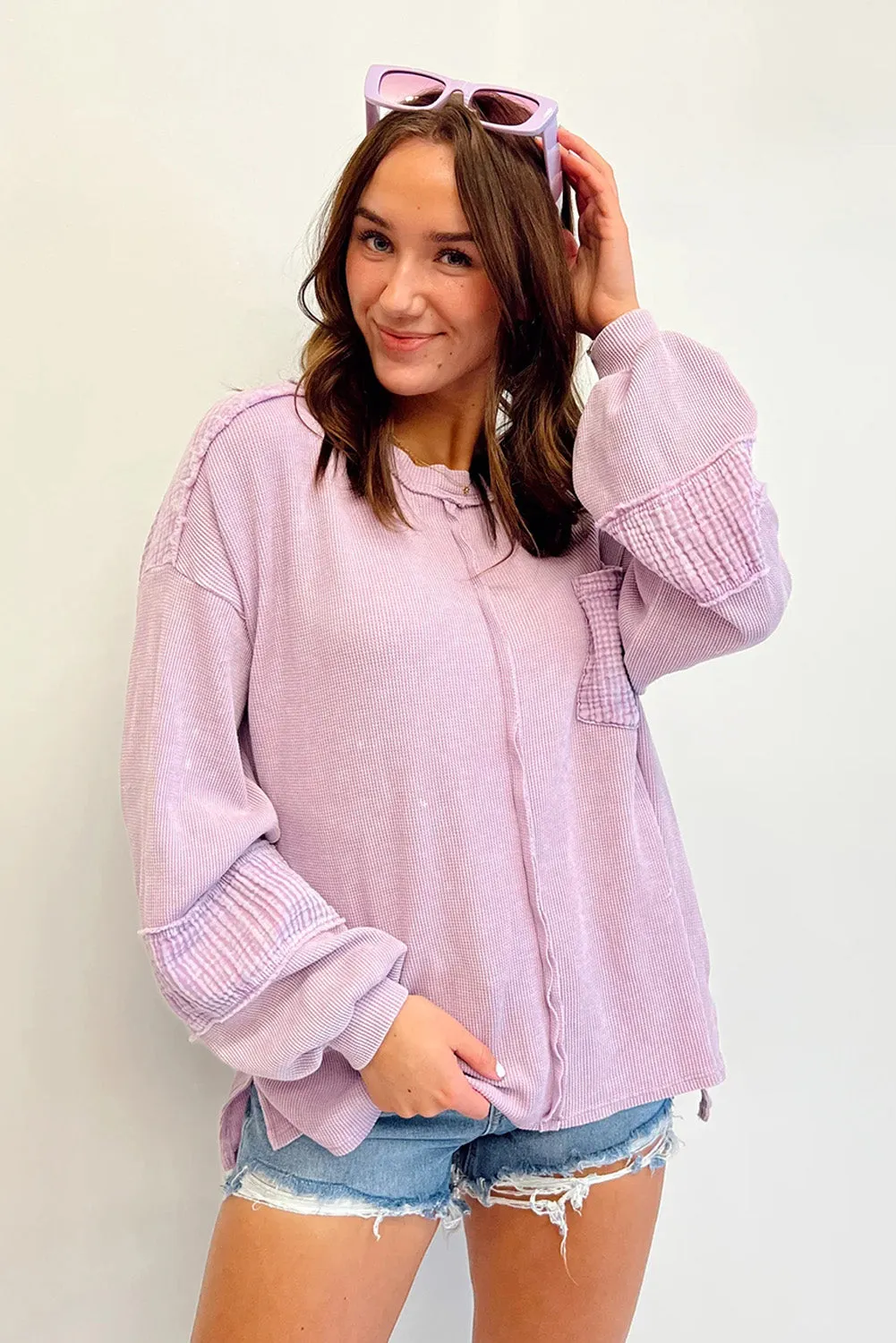 Pink Distressed Crinkle Patchwork Long Sleeve Top