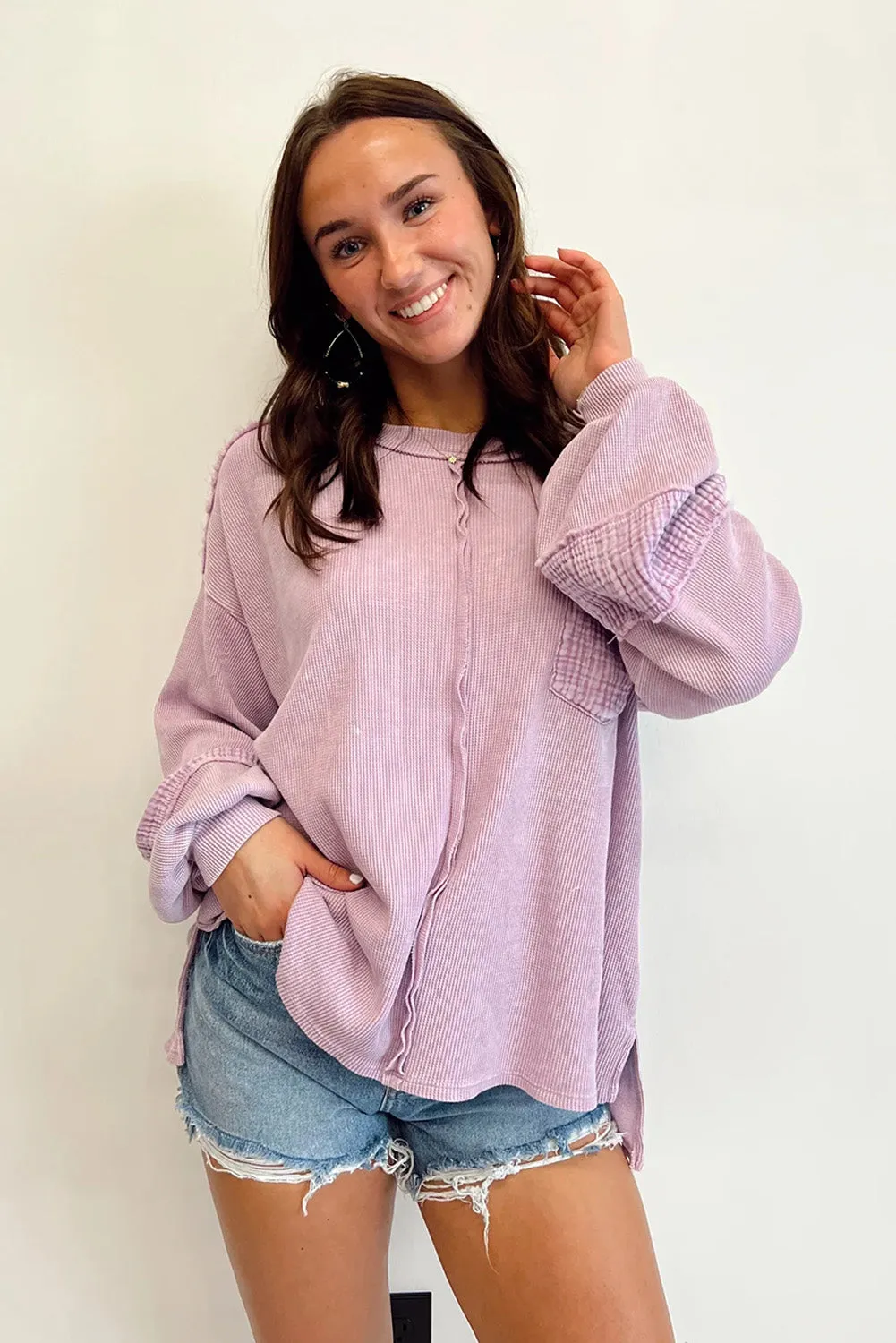 Pink Distressed Crinkle Patchwork Long Sleeve Top