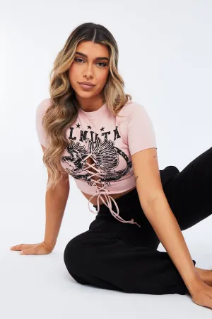 Pink Lace Up Front Logo Crop T-Shirt - Reagan