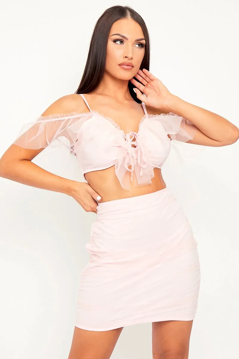 Pink Mesh Frill Crop Top   Skirt Co-ord - Pansy