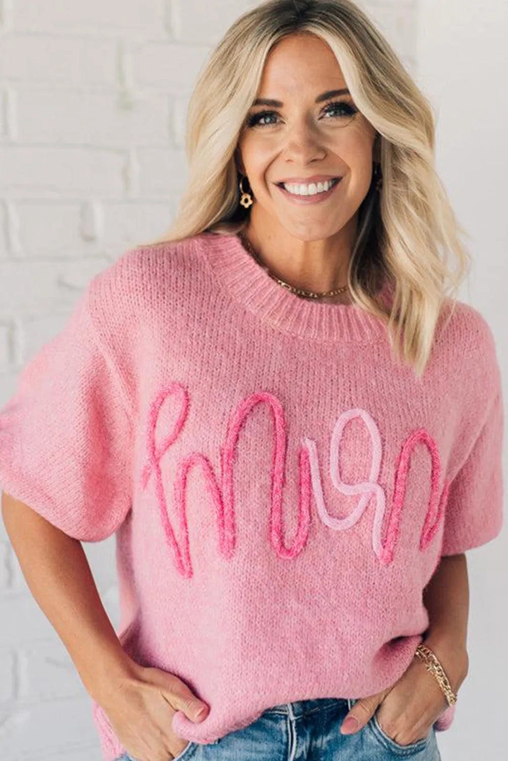 Pink MOM Lettering Short Puff Sleeve Knitted Sweater