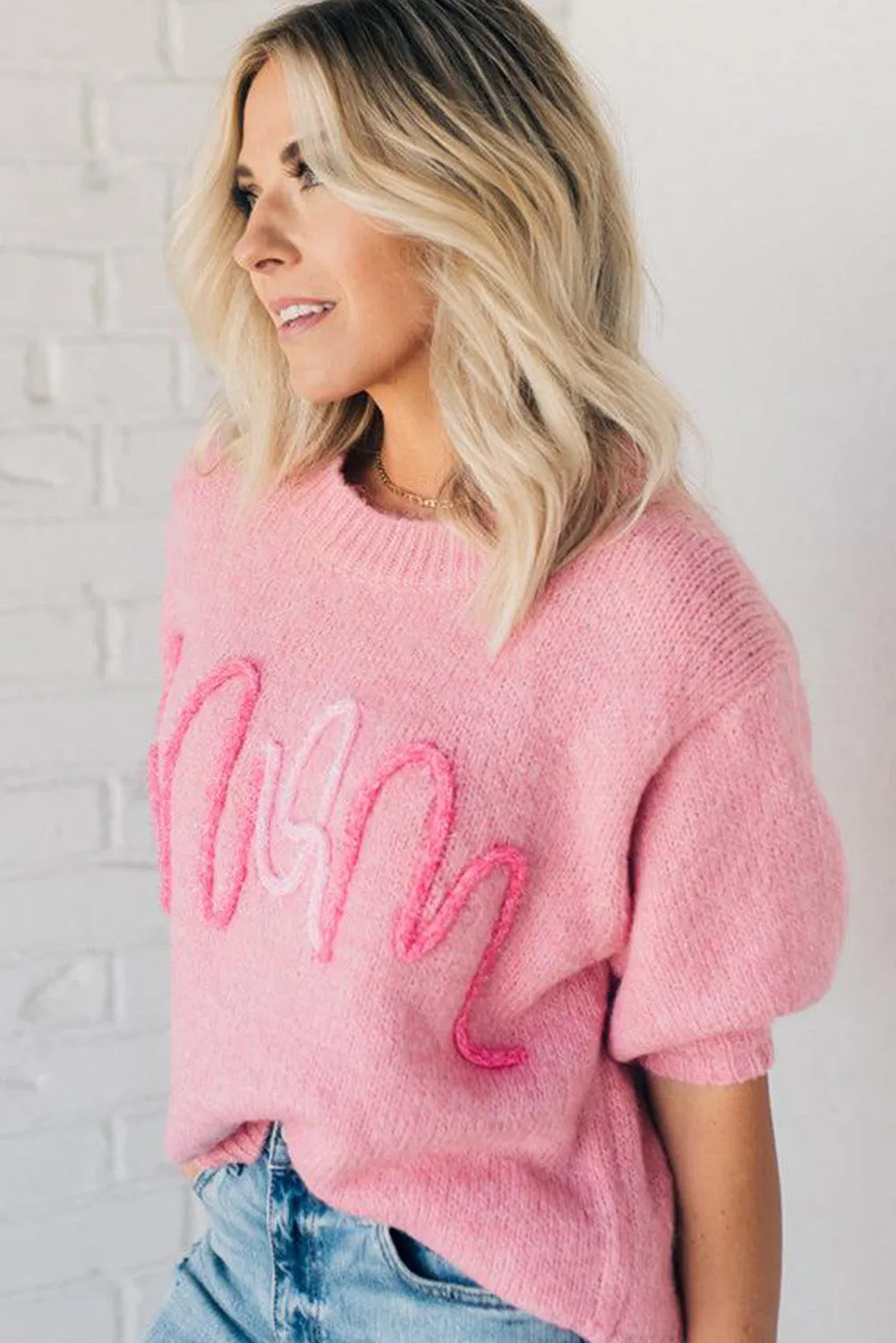 Pink MOM Lettering Short Puff Sleeve Knitted Sweater