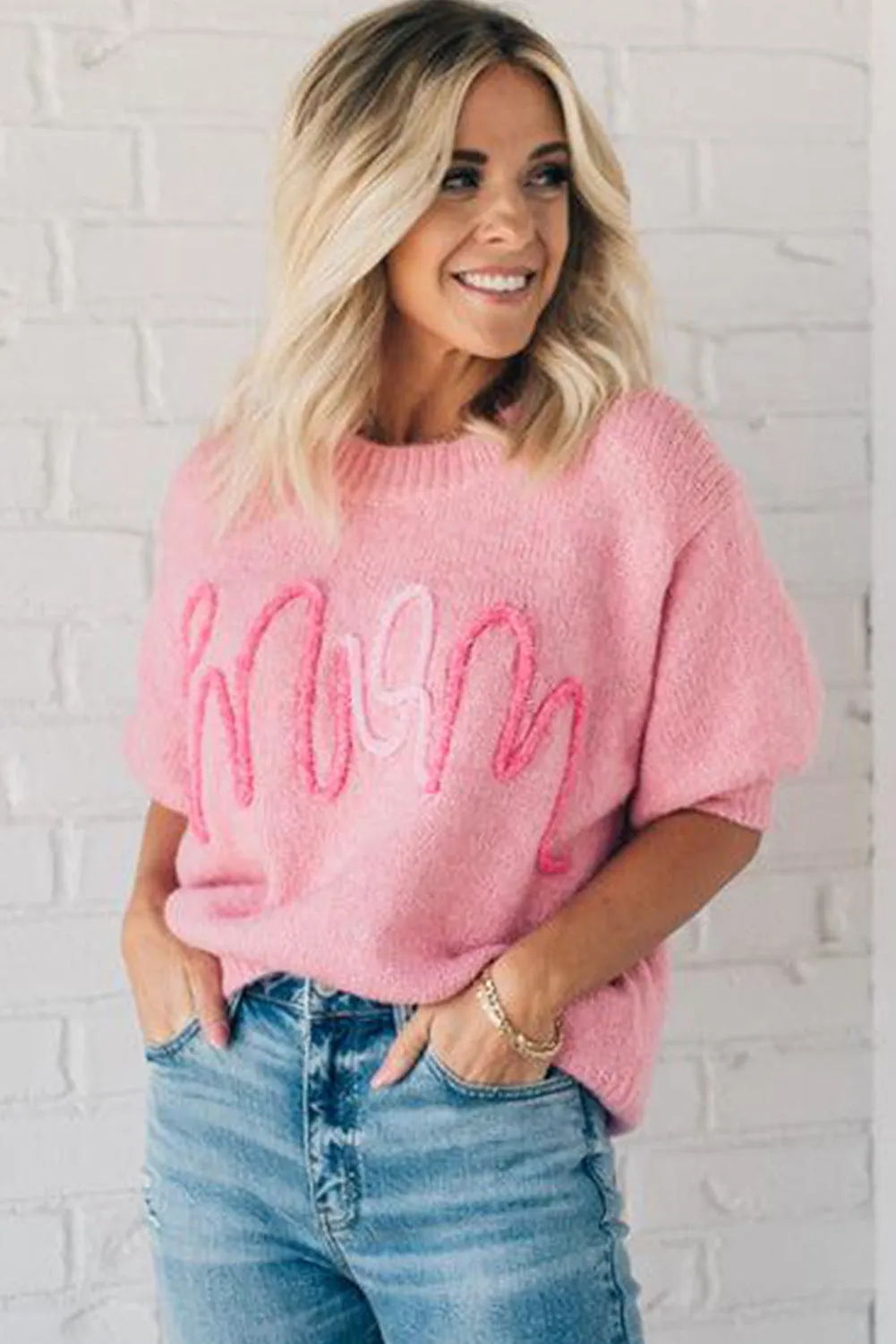 Pink MOM Lettering Short Puff Sleeve Knitted Sweater