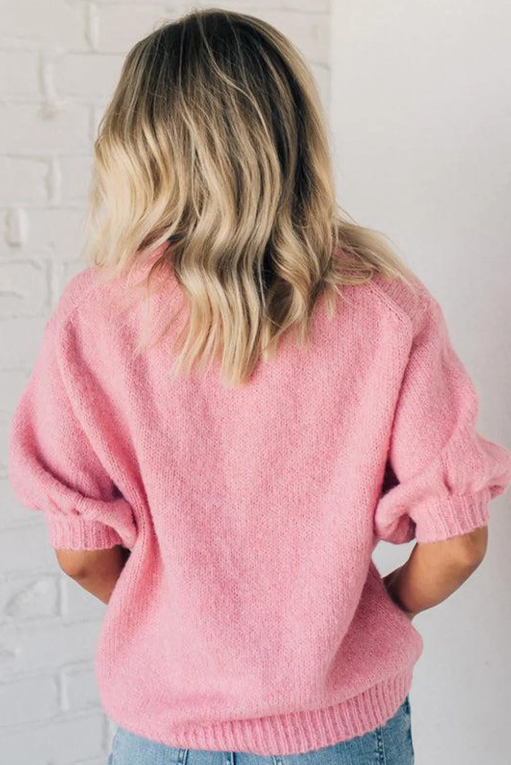Pink MOM Lettering Short Puff Sleeve Knitted Sweater