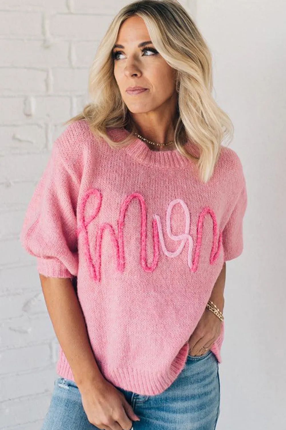 Pink MOM Lettering Short Puff Sleeve Knitted Sweater