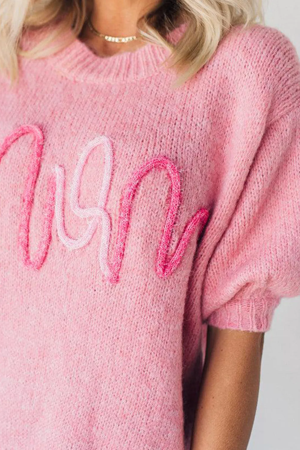 Pink MOM Lettering Short Puff Sleeve Knitted Sweater