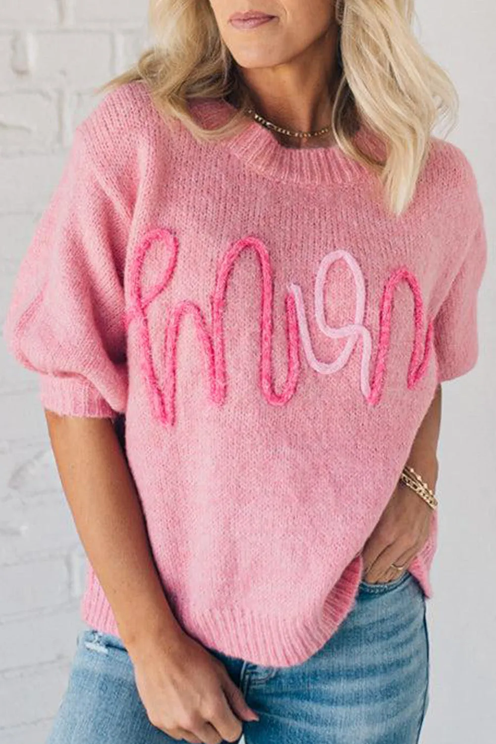 Pink MOM Lettering Short Puff Sleeve Knitted Sweater