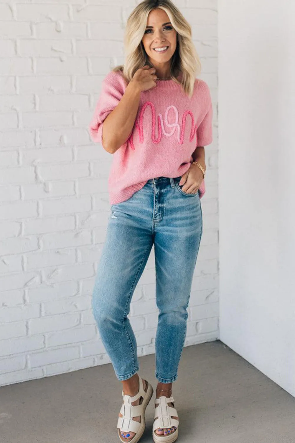 Pink MOM Lettering Short Puff Sleeve Knitted Sweater