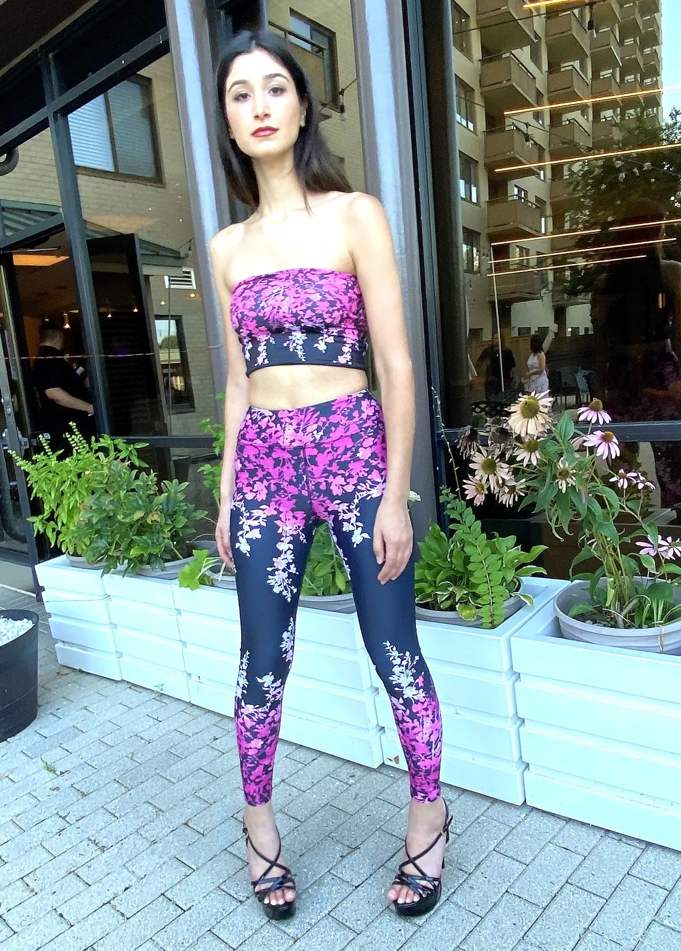 Pink Ombre' Leaves Leggings Bandeau Top Athleisurewear Set