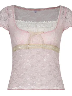 Pink Top Bow Cute Sweet T Shirt Women Retro Short Sleeve Lace Summer Tee Prepply Korean Tshirt