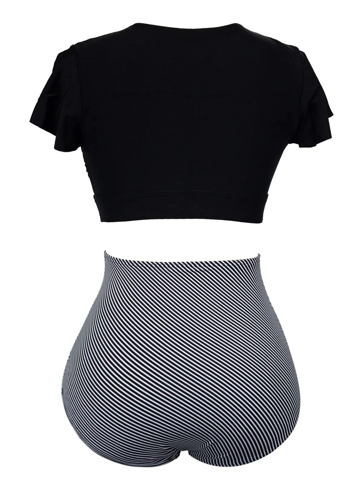 [Plus Size] 1950s Ruffle Sleeve Lace-Up Patchwork Swimsuit