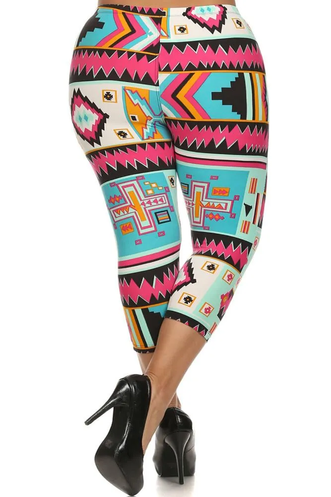 Plus Size Colorful Aztec Print Capri Leggings