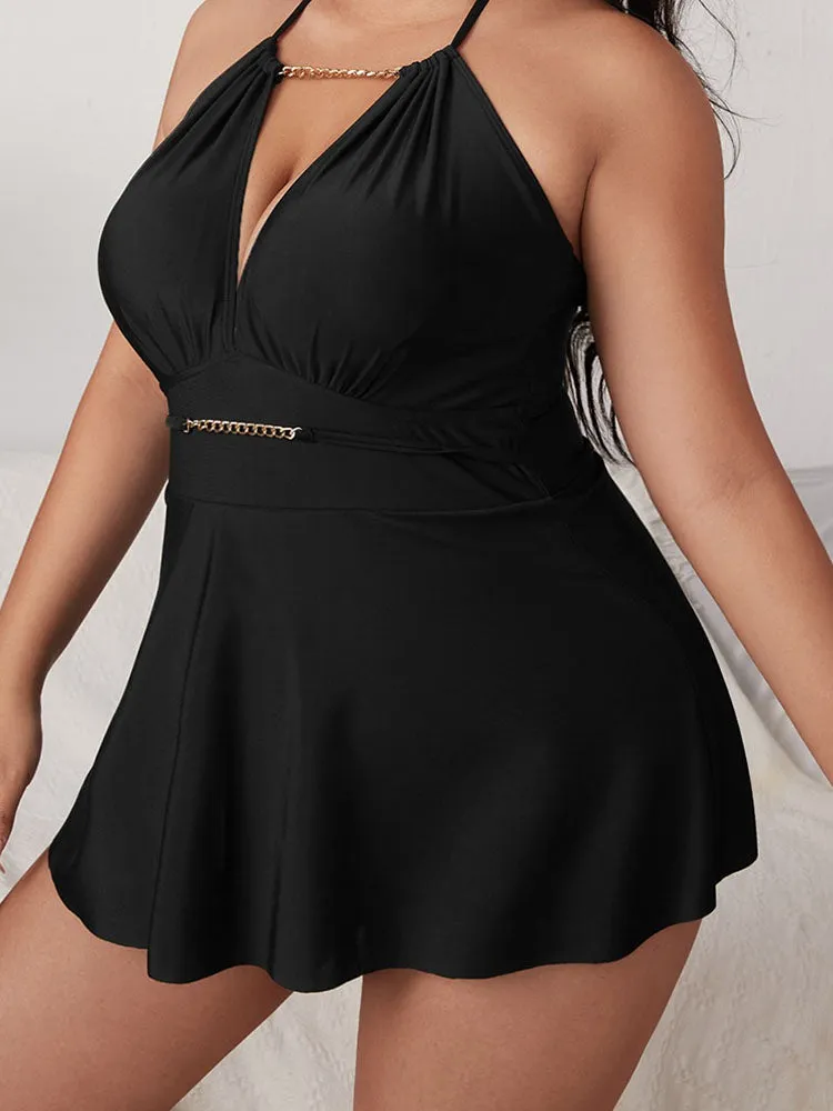 Plus Size Halter Chian Backless Swimsuit