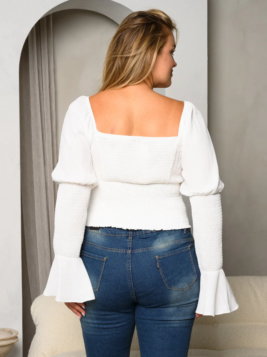 PLUS SIZE LONG BELL SLEEVE FRONT LACE UP CROP TOP