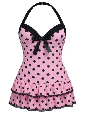 [Plus Size] Pink 1940s Polka Dots Hater Swimsuit