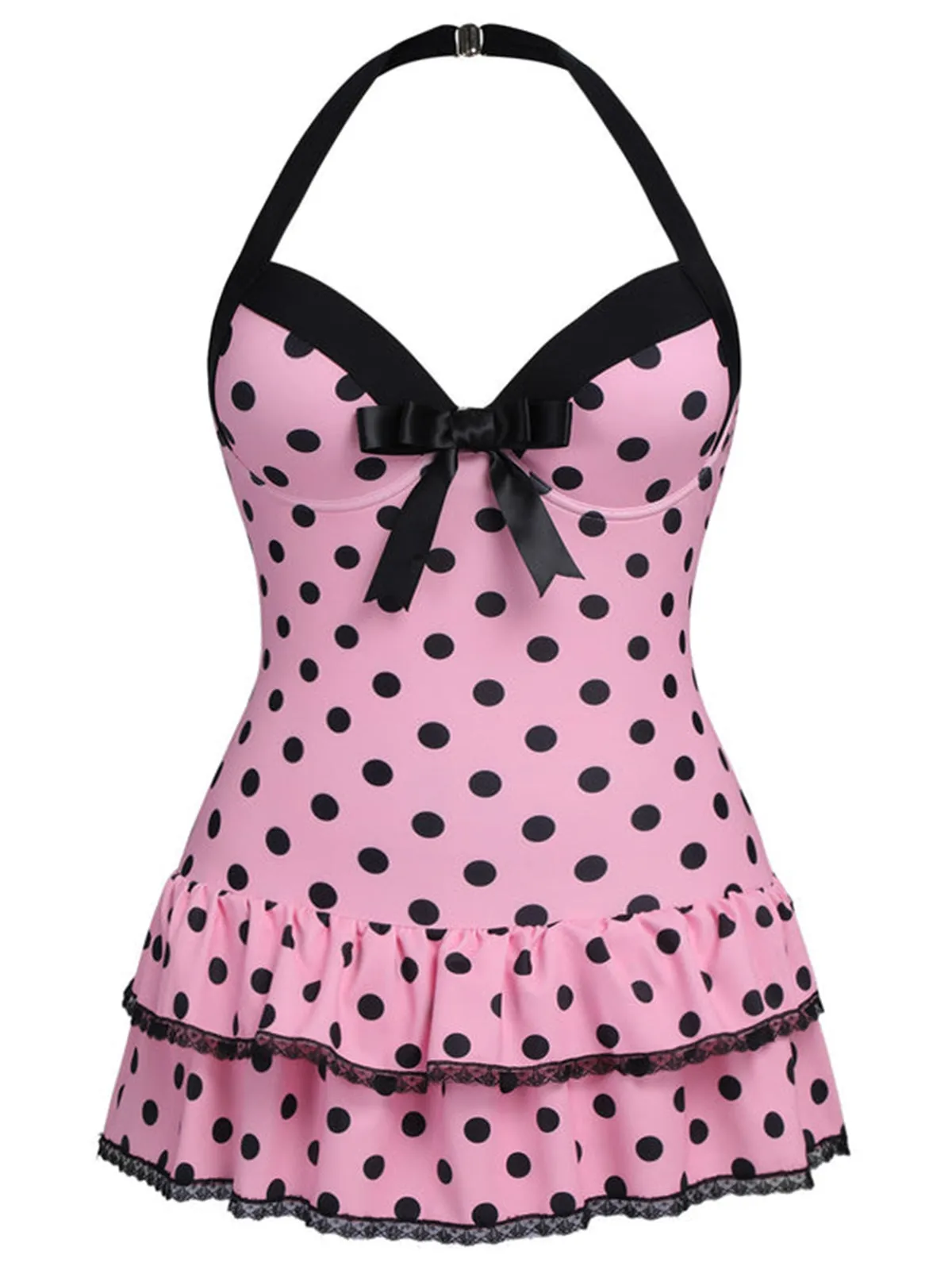 [Plus Size] Pink 1940s Polka Dots Hater Swimsuit