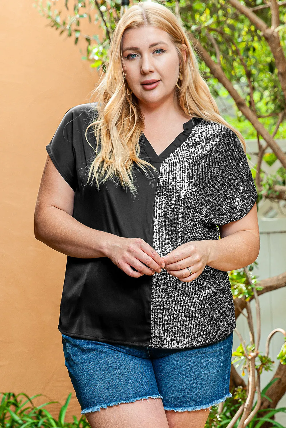 Plus Size Sequined V Neck Tee