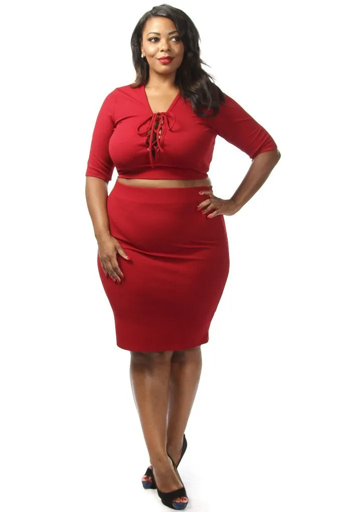 Plus Size Sexy Lace Up Crop Top  Skirt Set