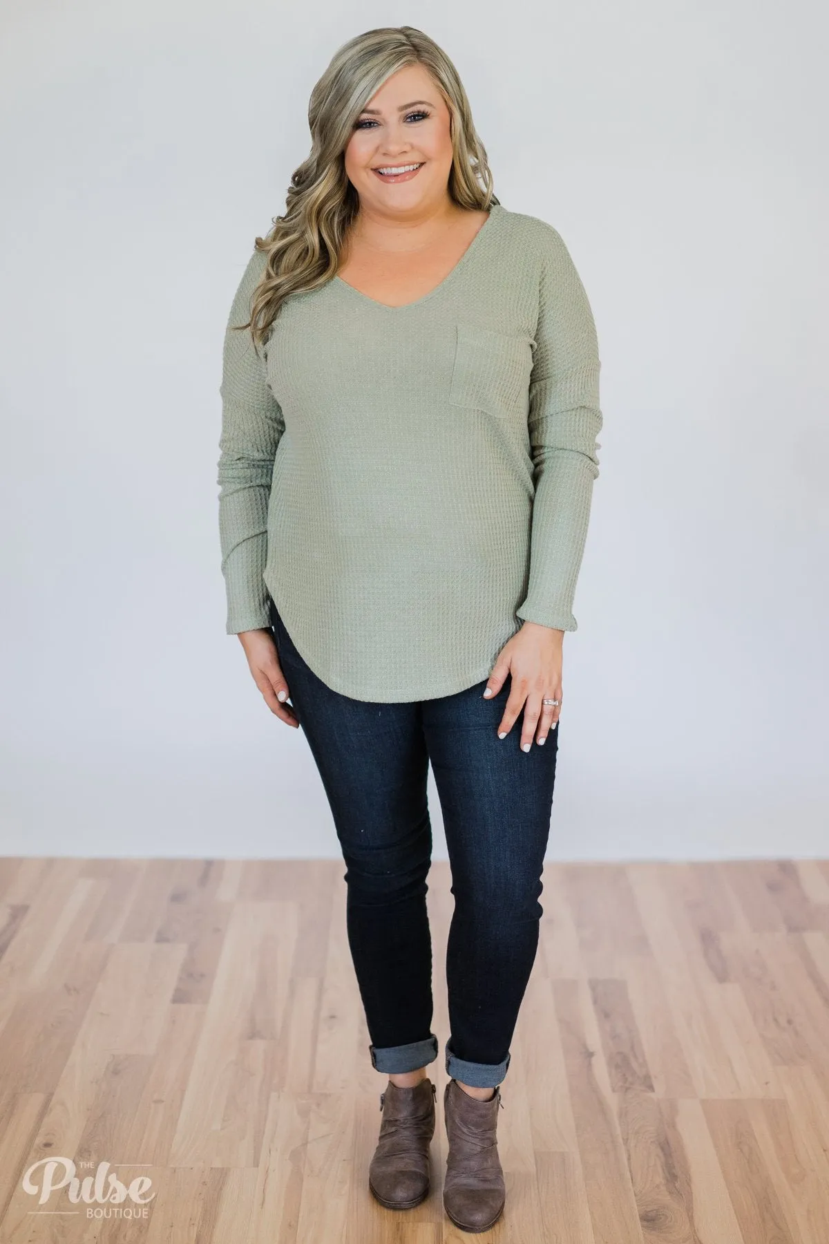 Precious Time Waffle Pocket Top- Sage