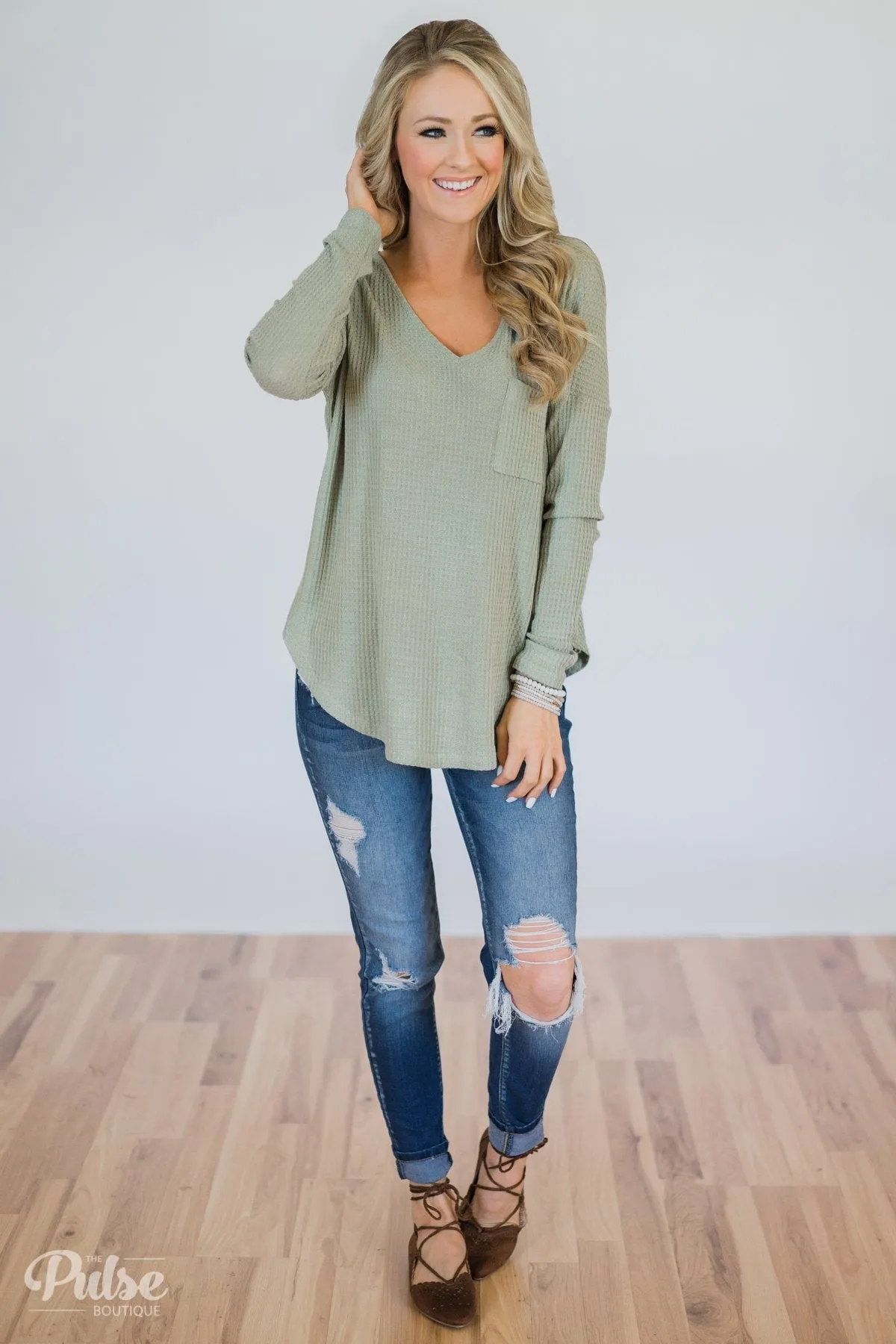 Precious Time Waffle Pocket Top- Sage