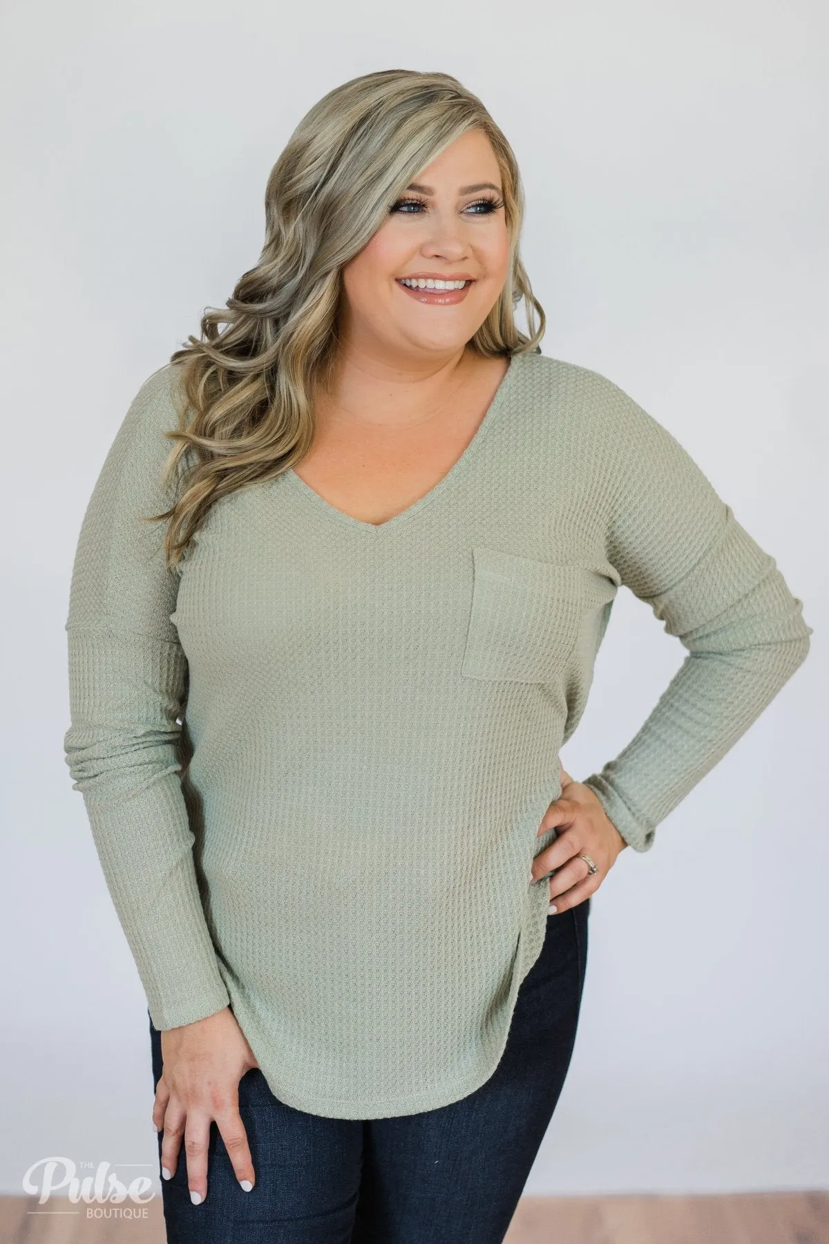 Precious Time Waffle Pocket Top- Sage
