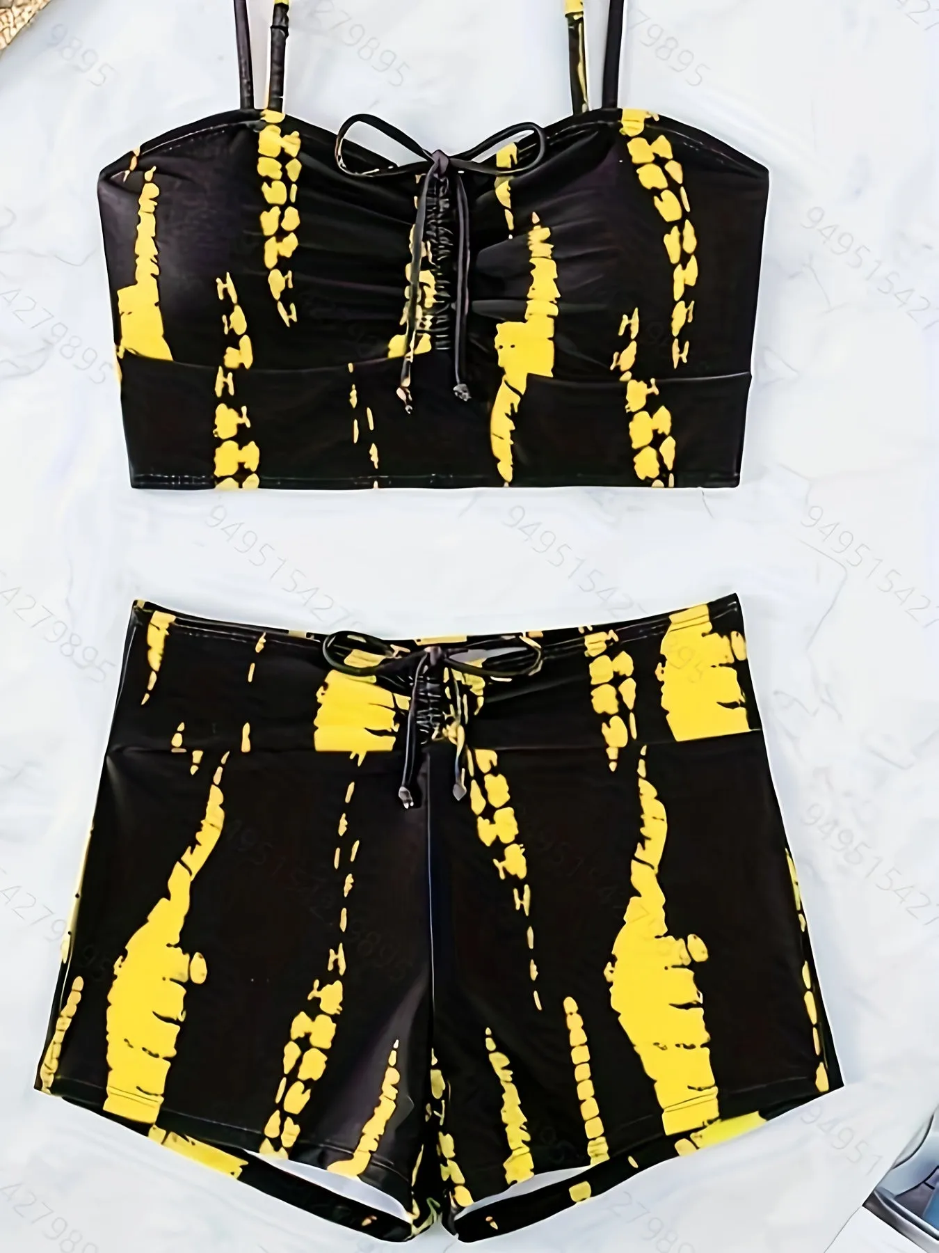 Printed Drawstring Spaghetti Strap 2 Piece Set Bikini, High Waisted Stretchy Stylish Swimsuits, Women's Swimwear & Clothing