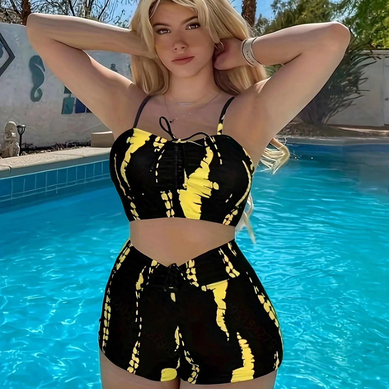 Printed Drawstring Spaghetti Strap 2 Piece Set Bikini, High Waisted Stretchy Stylish Swimsuits, Women's Swimwear & Clothing