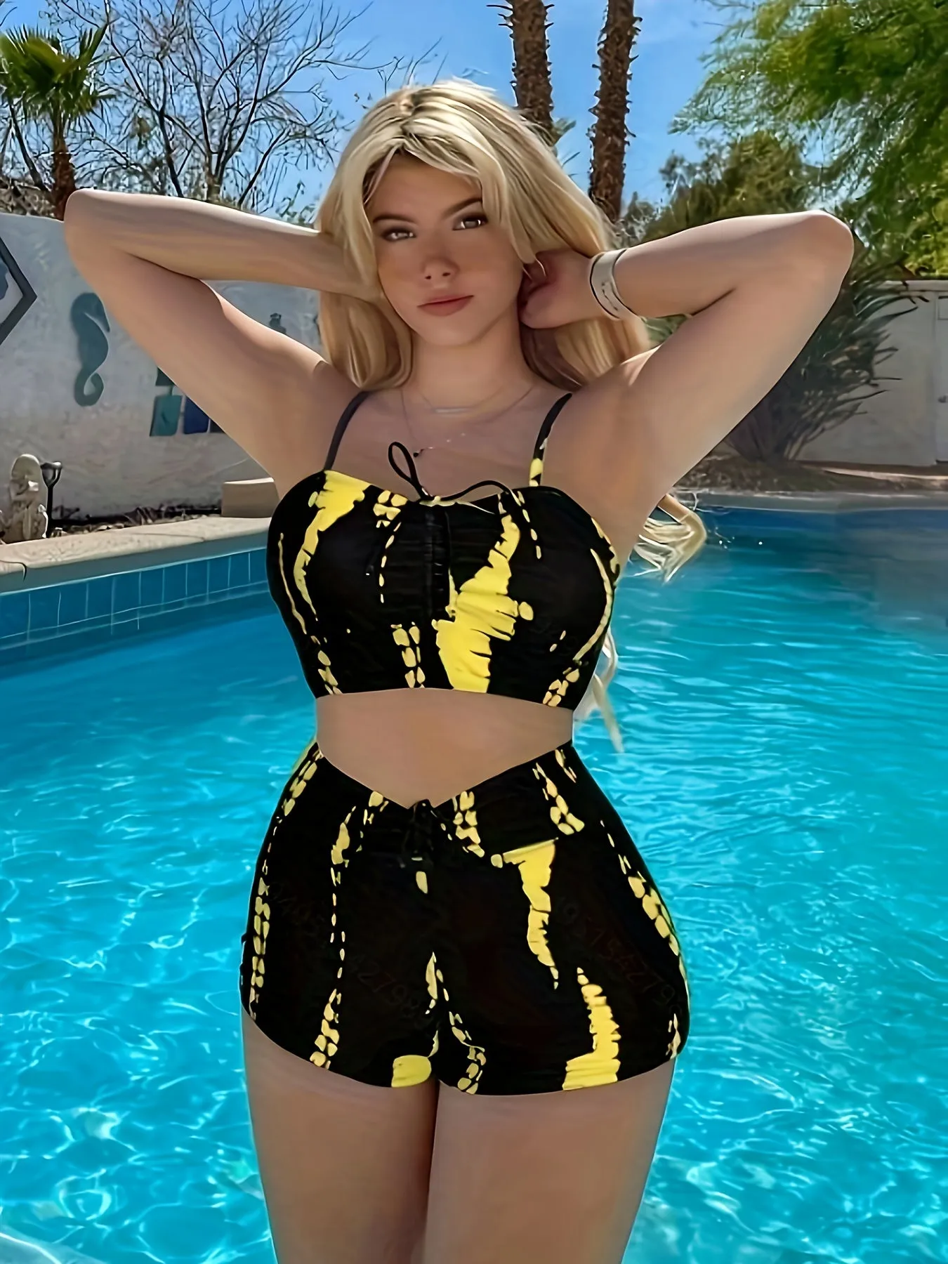 Printed Drawstring Spaghetti Strap 2 Piece Set Bikini, High Waisted Stretchy Stylish Swimsuits, Women's Swimwear & Clothing
