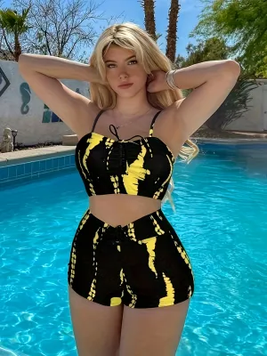 Printed Drawstring Spaghetti Strap 2 Piece Set Bikini, High Waisted Stretchy Stylish Swimsuits, Women's Swimwear & Clothing