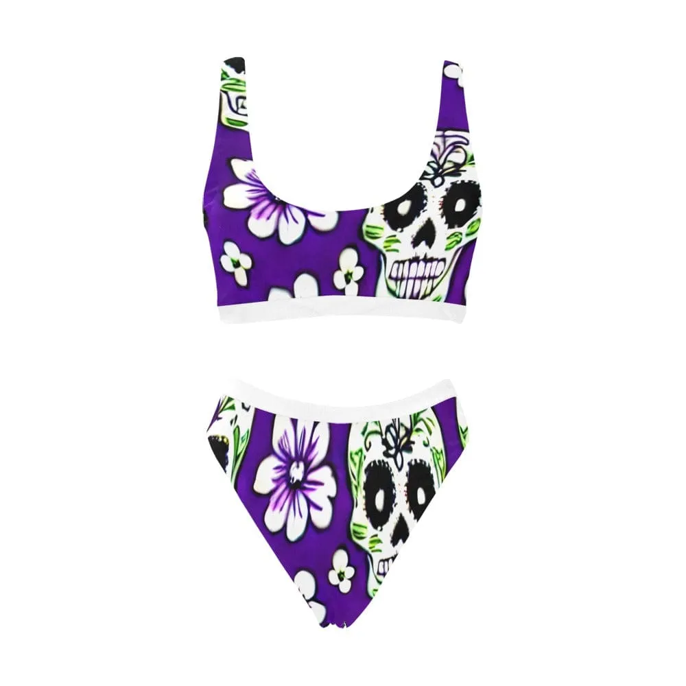Purple Skull Floral Two Piece Sport Top & High-Waisted Bikini