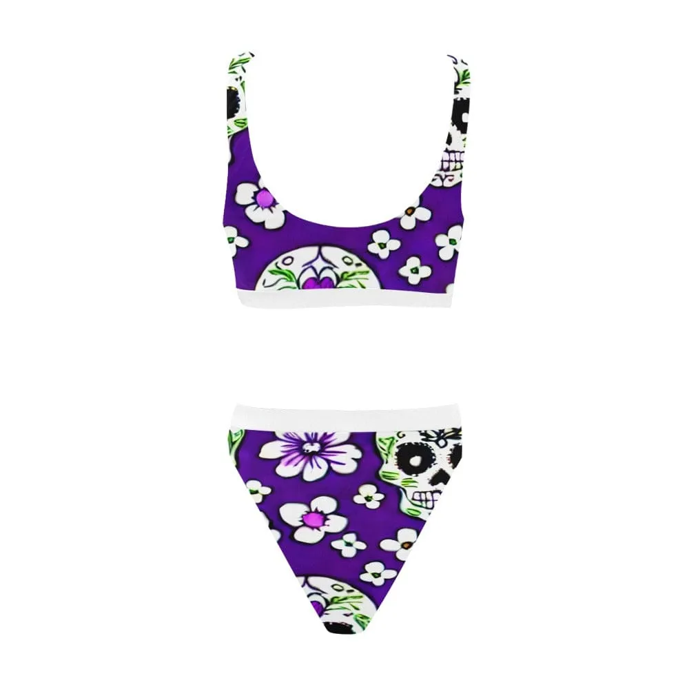 Purple Skull Floral Two Piece Sport Top & High-Waisted Bikini