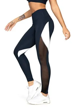 QUEENIEKE Women Yoga Pants Color Blocking Mesh Workout Running Leggings Tights Size XS Color Deep Blue