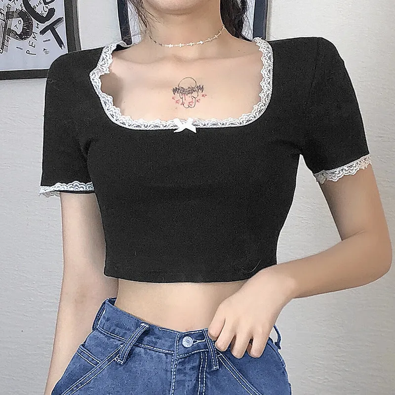 "BLACK BLUE LACE BOW" CROP TOP UB2443