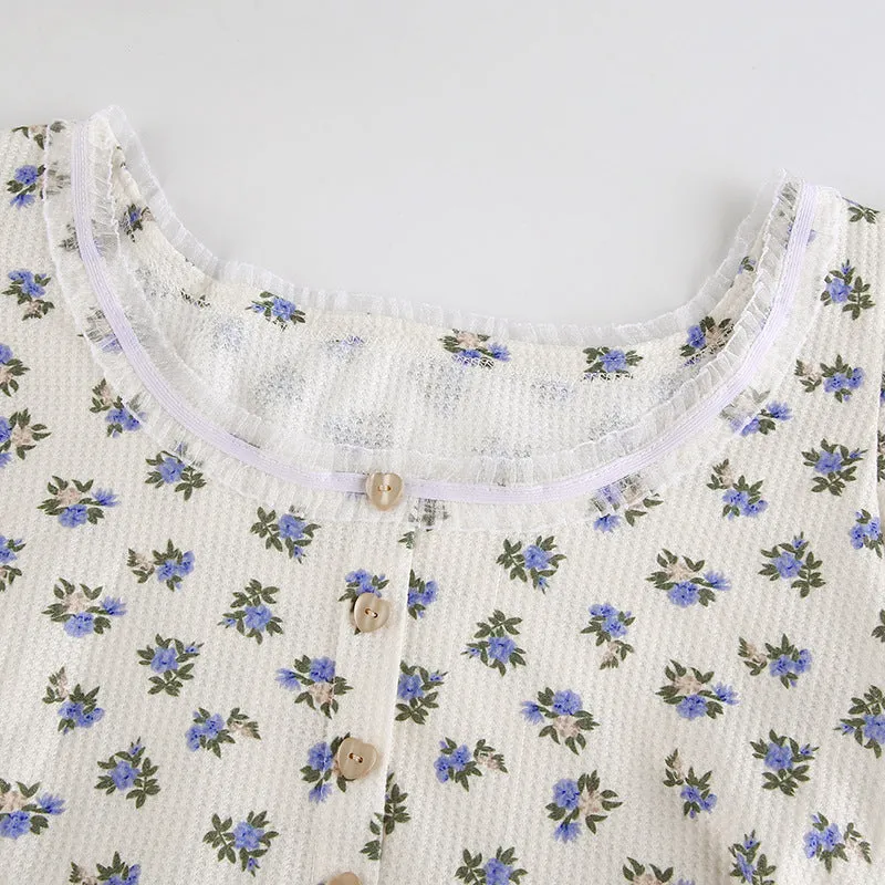 "HEART BUTTON PUFF SLEEVE FLORAL" TOP N072205