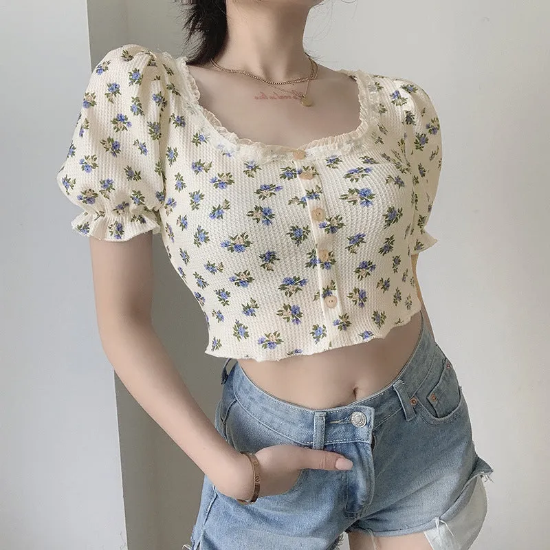 "HEART BUTTON PUFF SLEEVE FLORAL" TOP N072205