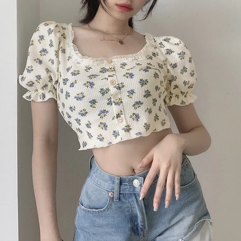 "HEART BUTTON PUFF SLEEVE FLORAL" TOP N072205