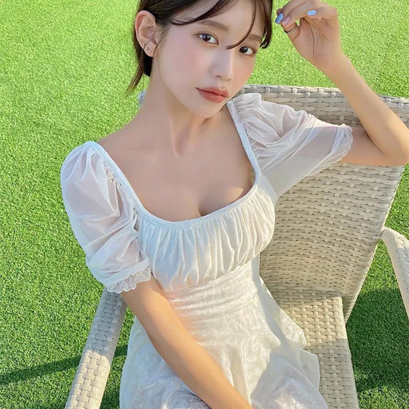 "WHITE CUTE BOW PUFF SLEEVE" SWIMSUIT N052001
