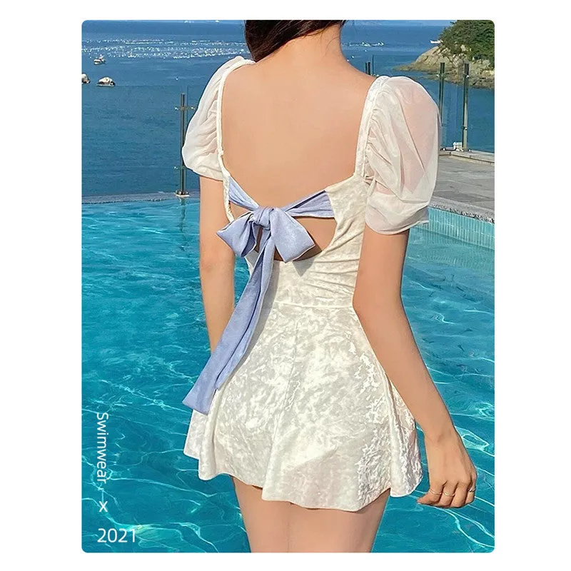 "WHITE CUTE BOW PUFF SLEEVE" SWIMSUIT N052001