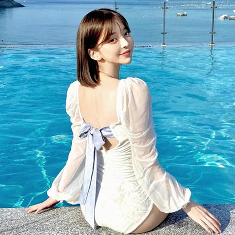 "WHITE CUTE BOW PUFF SLEEVE" SWIMSUIT N052001