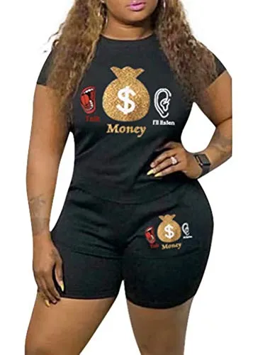 Ramoug Women 2 Piece Outfits Lips Letter Print Short Sleeve T Shirt Biker Shorts Set Tracksuit S Deep Pink