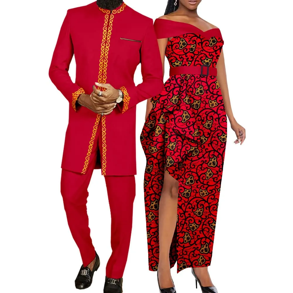 Realwax African Couples Clothes Bazin Riche Dashiki African Dresses for Women Match Men Outfits Top and Pants Sets 726 L