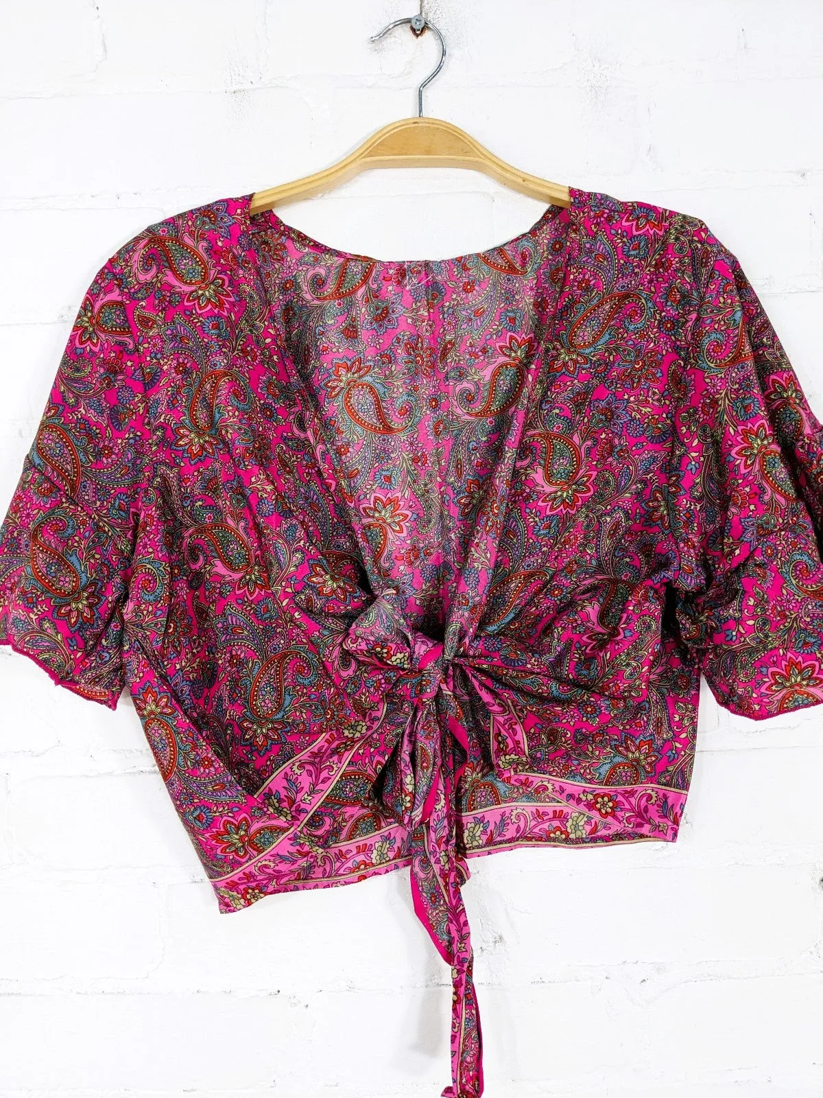 Recycled Sari Silk Short Sleeve Tie Front Top