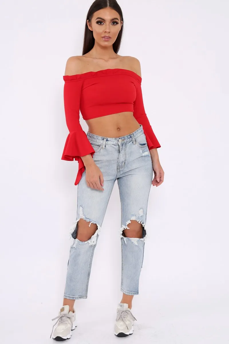 Red Bardot Frill Crop Top with Flared Sleeves - Tiffy