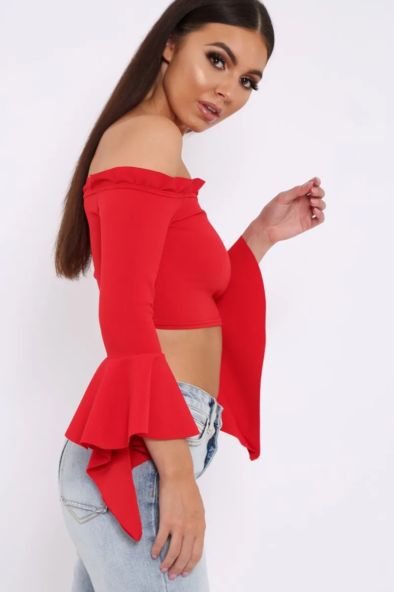 Red Bardot Frill Crop Top with Flared Sleeves - Tiffy