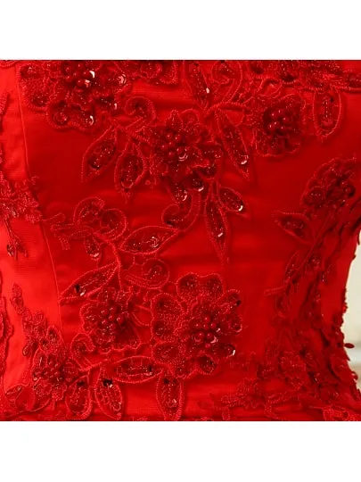 Red Beading Lace Tulle Red A-Line Wedding Dress
