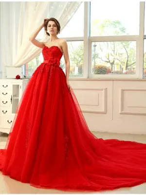 Red Beading Lace Tulle Red A-Line Wedding Dress