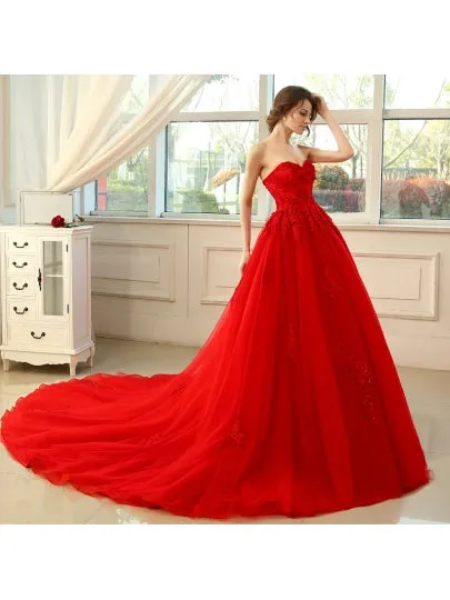 Red Beading Lace Tulle Red A-Line Wedding Dress