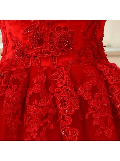 Red Beading Lace Tulle Red A-Line Wedding Dress