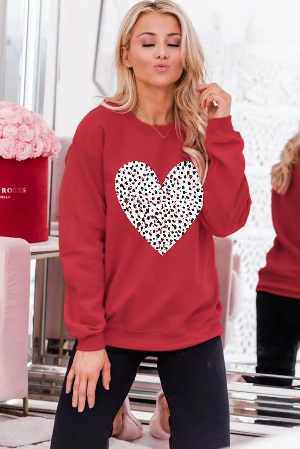 Red Leopard Heart Graphic Valentines Sweatshirt