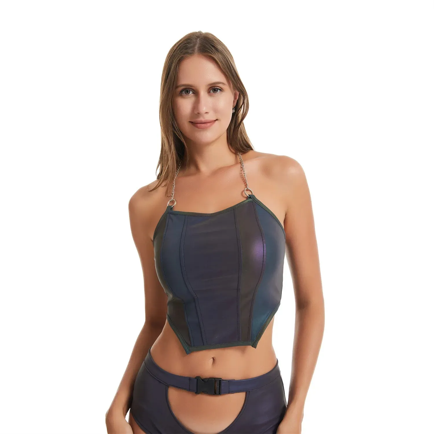 Reflective Crop Top - Women Bodycon Chain Halter Tank Sexy Colourful Summer Short Clubwear